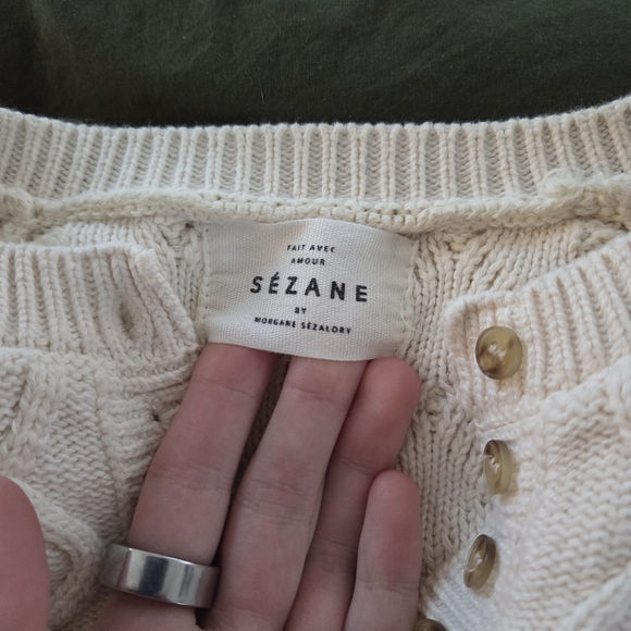 Sezane Bree Cream V-Neck Cable Knit Sweater, medium - Picture 4 of 4